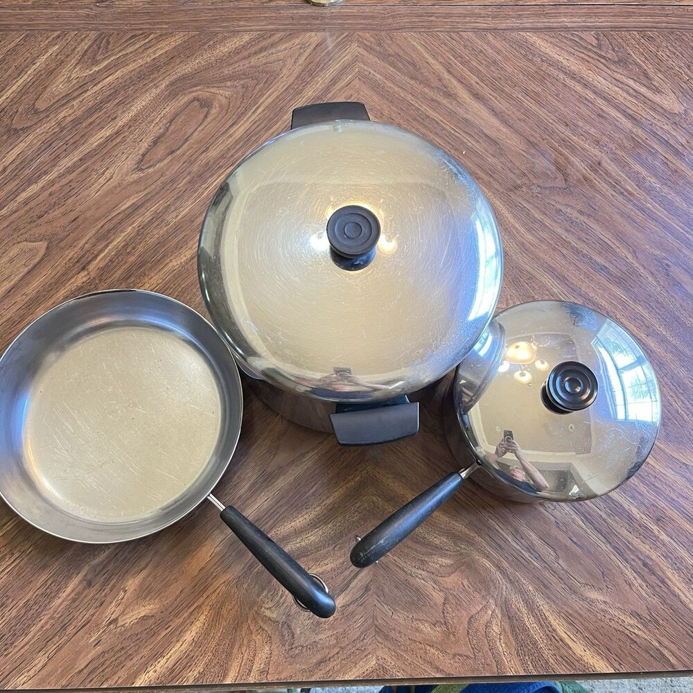 Revere Ware 1801 Copper Bottom Stock Pot 10 3 qt 10" saucepan skillet 5 Pc Lot